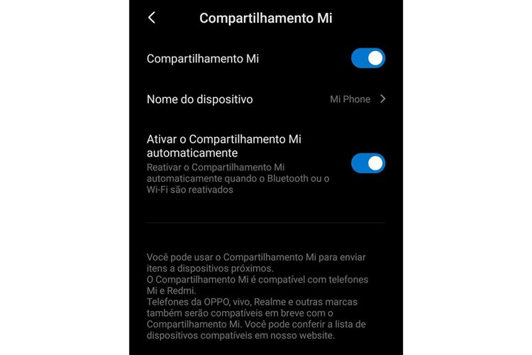 Em celulares da Xiaomi, a tecnologia se chama Compartilhamento Mi