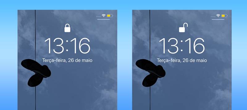 Animação de cadeado mostra iPhone bloqueado e desbloqueado.