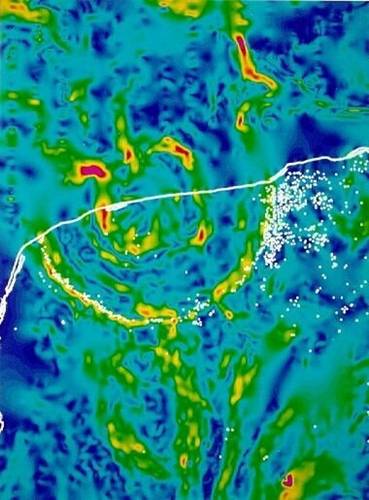 Mapa de gradiente horizontal da anomalia gravitacional de Bouguer da Cratera Chicxulub. A linha branca é o litoral e os pontos brancos, cenotes.