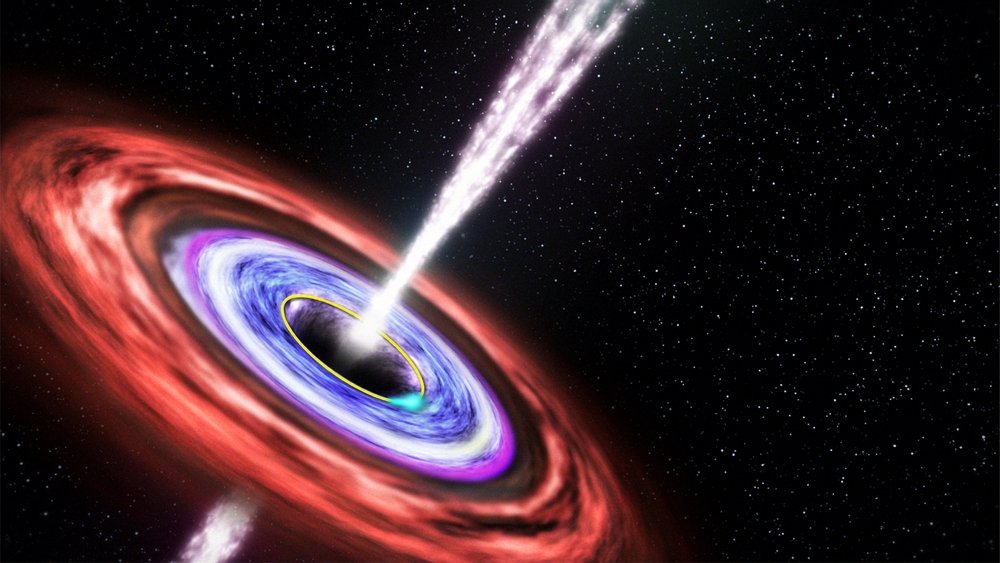 A linha amarela marca a ISCO desse buraco negro que devorou uma estrela, tornando-se uma fonte de raios x conhecida como Swift J1644 + 57.