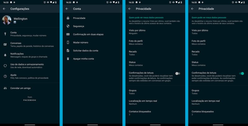 Configurações de privacidade do WhatsApp.