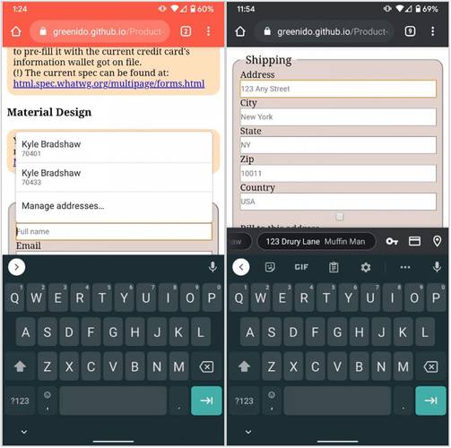Antiga e nova interface de preenchimento automático do Chrome para Android