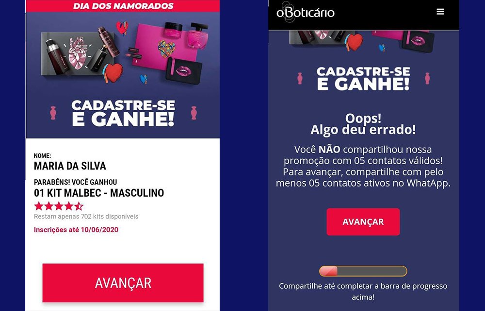 Captura de tela de banners de falsas promoções com a marca O Boticário