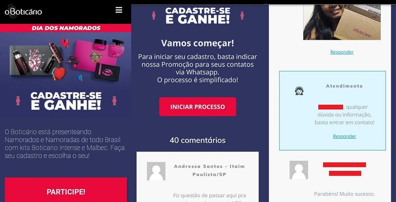 Materiais promocionais usam comentários e fotos de falsos ganhadores