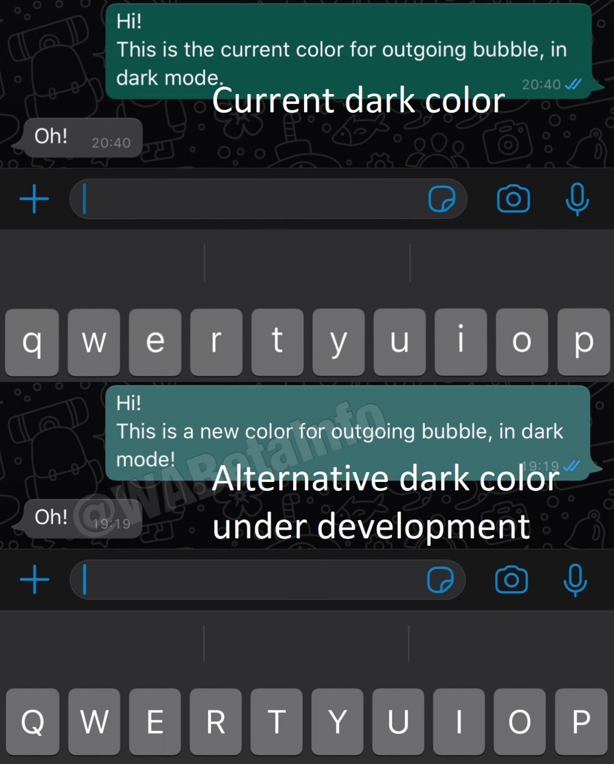 Comparação mostra cores alternativas para o WhatsApp no modo escuro.