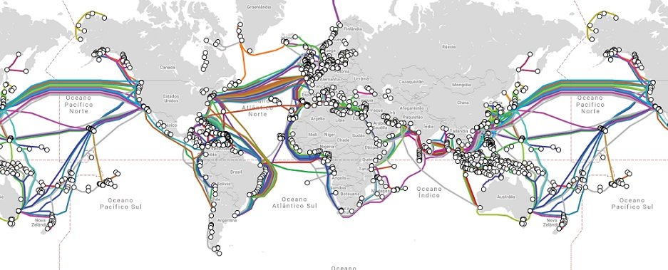 Mapa atualizado de conexões via cabos submarinos no mundo.