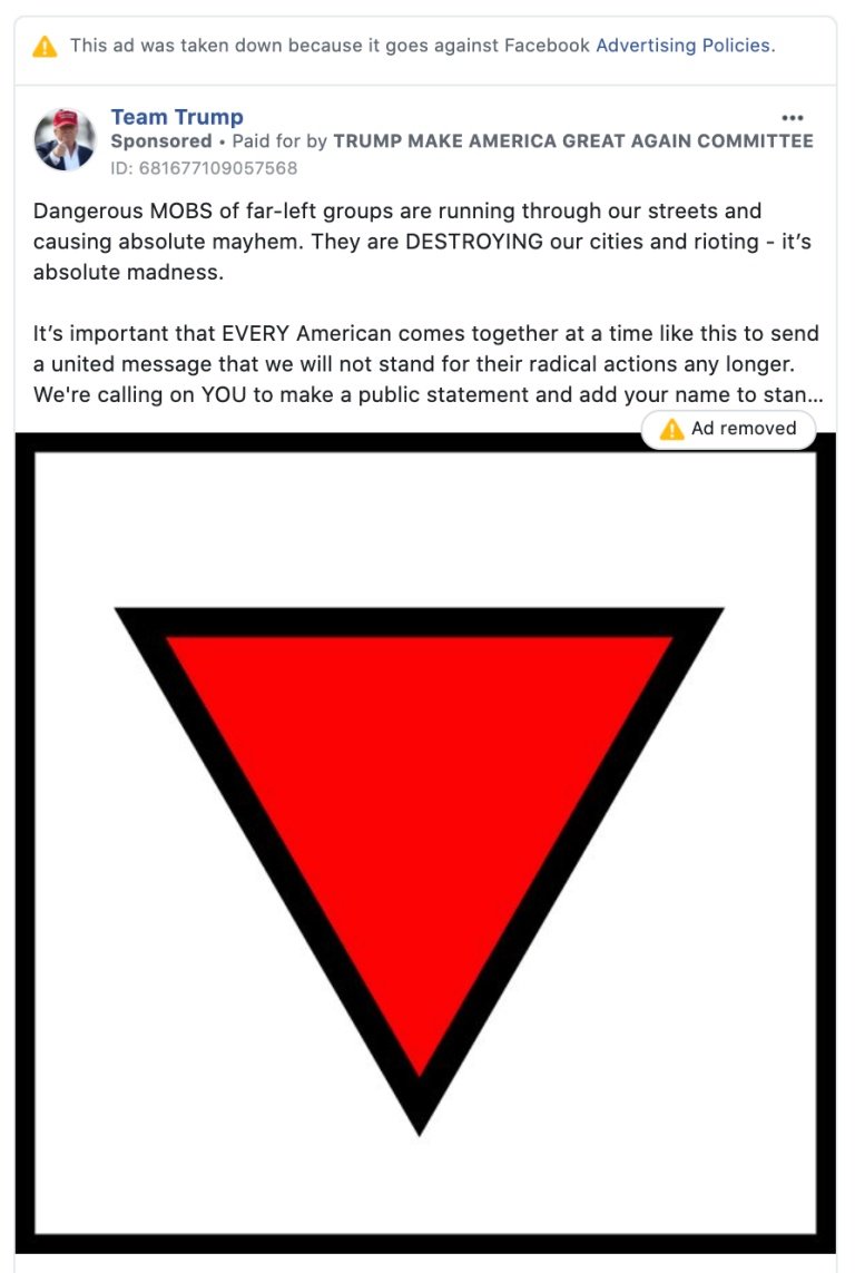 Donaldo Trump associa Antifa a grupos de extrema esquerda em seus anúncios. (Fonte: Facebook Ad Library/Reprodução)