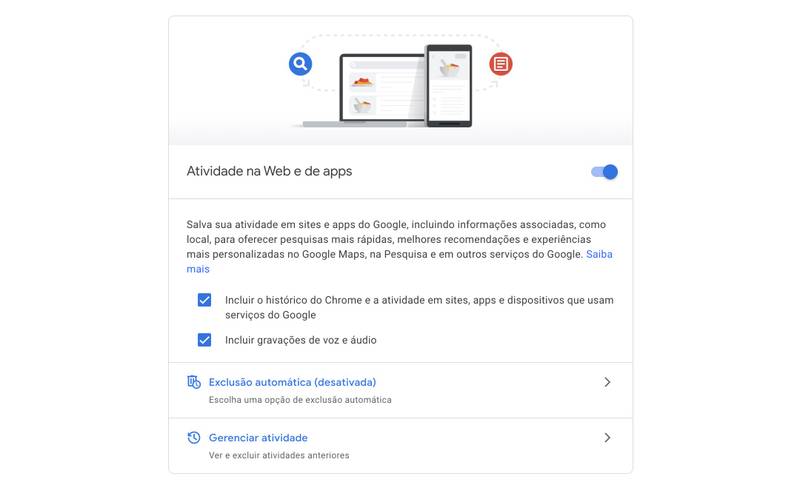 Contas antigas do Google precisam ativar manualmente a exclusão automática dos dados.