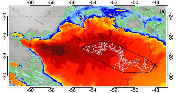 Imagem de satélite mostra o maior raio do mundo em extensão, que atingiu o sul do Brasil em 2018