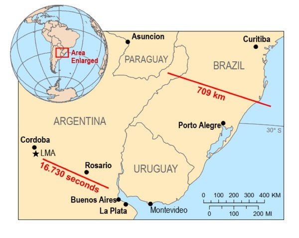 Infográfico da OMM que mostra o maior raio do mundo, no Brasil, e o mais longo, na Argentina.