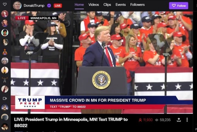 No Twitch, Trump exibe seus comícios.