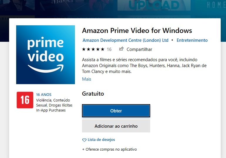 A página do Amazon Prime Video na loja da Microsoft.