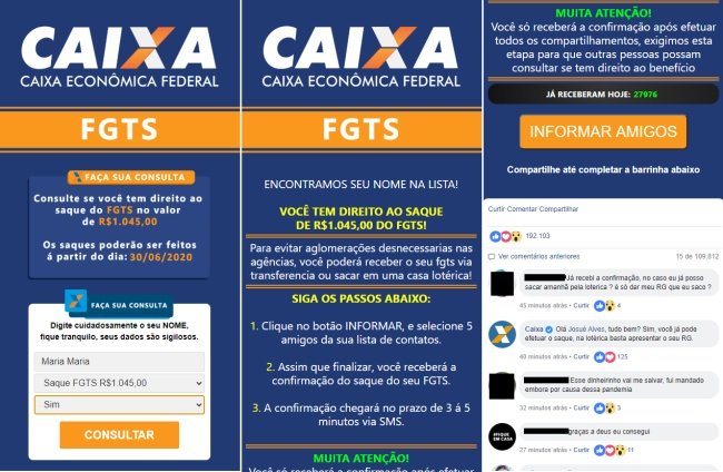 A página falsa traz imagens da Caixa e comentários de um perfil supostamente verdadeiro.