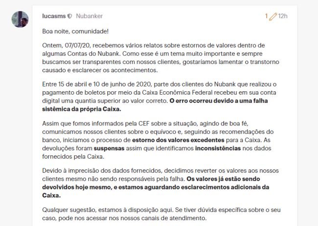 Comunicado da fintech para os seus clientes.