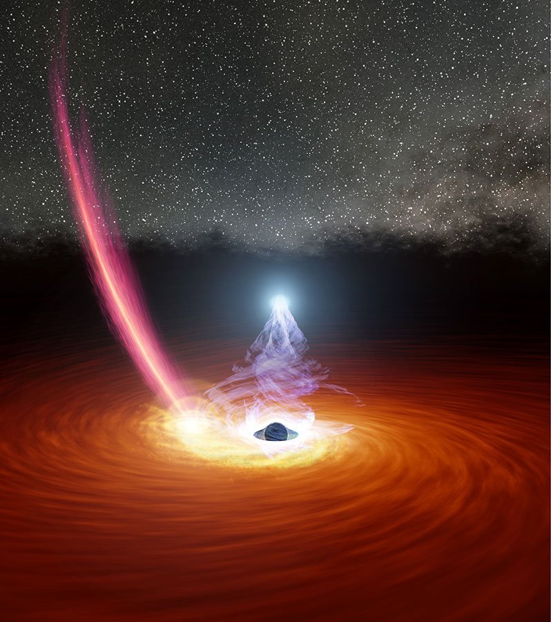 Os astrônomos acreditam que uma estrela se chocou com o disco de acreção (pode-se ver, no desenho, a corona pairando sobre o buraco negro)