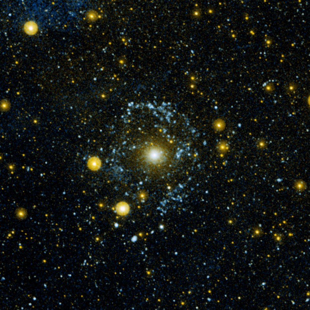 Vista sob luz ultravioleta, a mesma galáxia (o ponto brilhante no meio da imagem) revelou um anel de estrelas jovens.