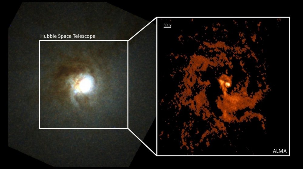 O telescópio ALMA revelou, dentro da NGC 404 (à esquerda), um turbilhão de gás como jamais registrado (à direita).