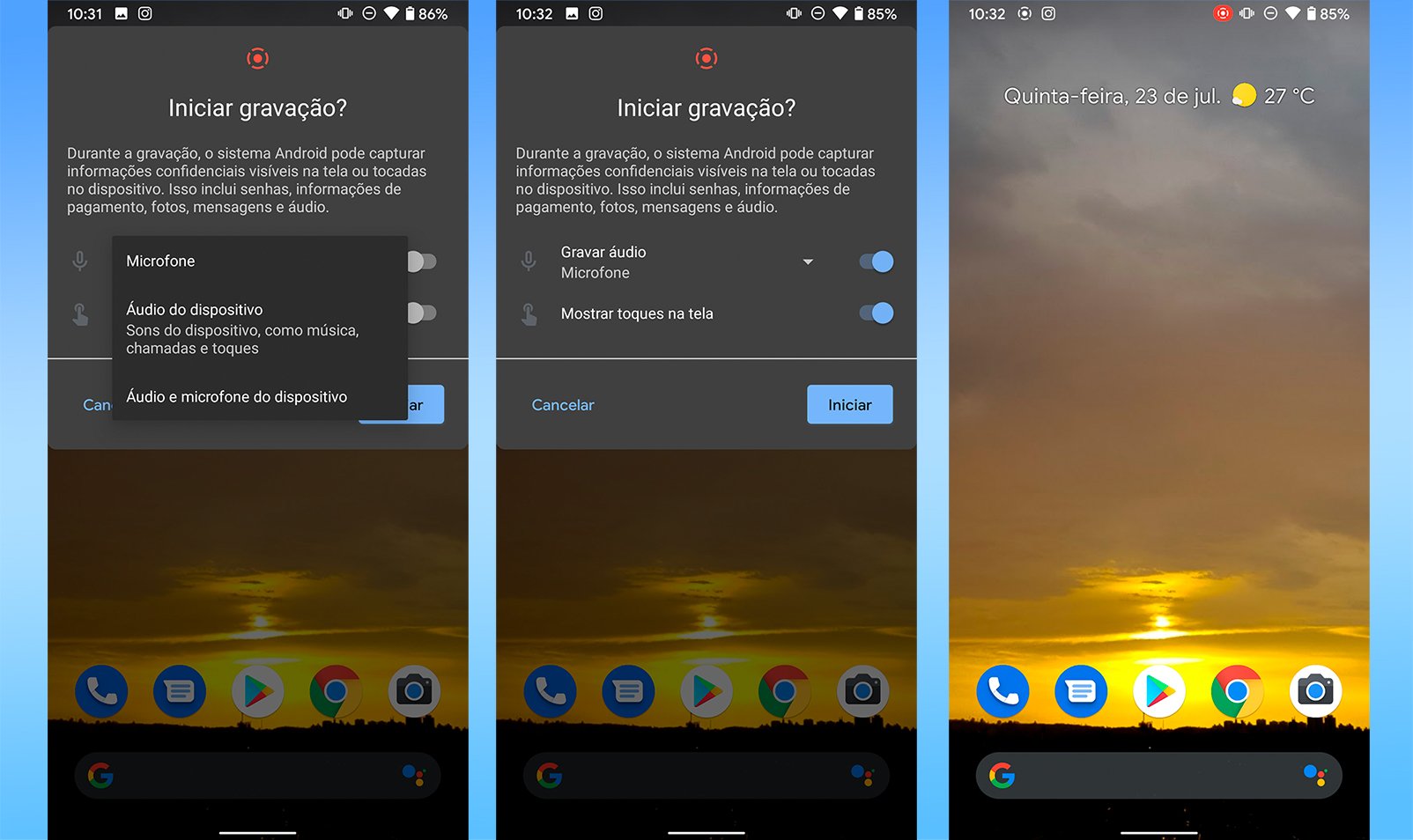 Opções para iniciar uma gravação de tela no Android 11.