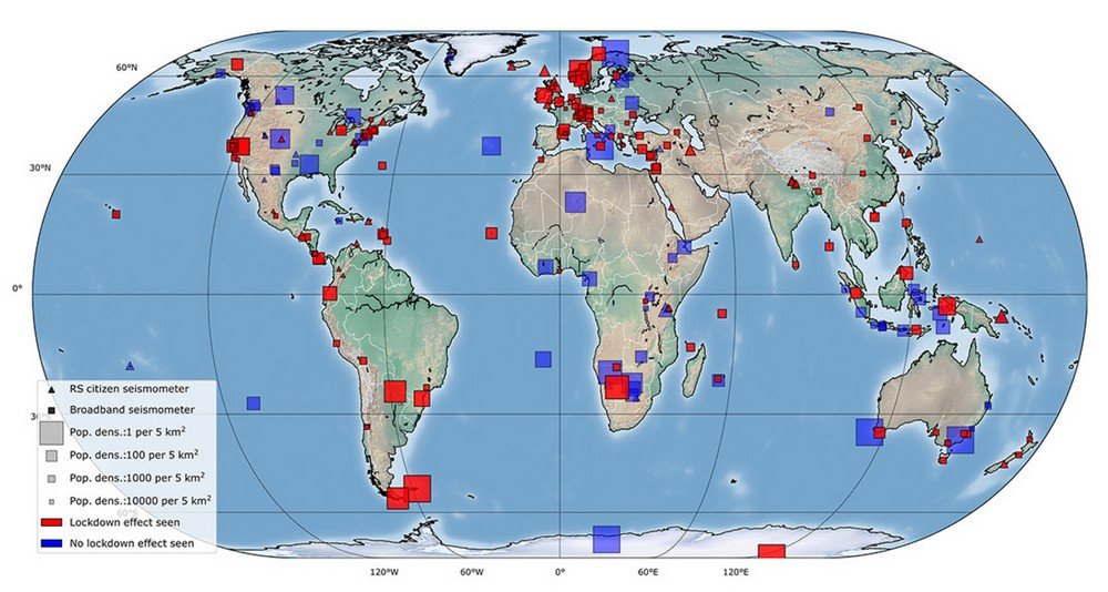 No mapa, é possível ver as áreas onde houve queda de ruído antropogênio (quadrados vermelhos) de onde não houve (quadrados azuis).