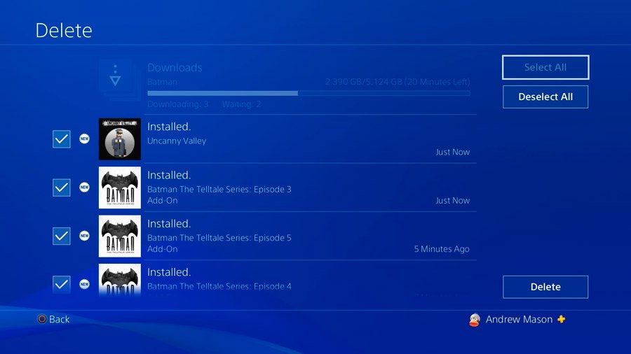 Tela de download e gerenciamento de jogos instalados do PS4, console atual da Sony