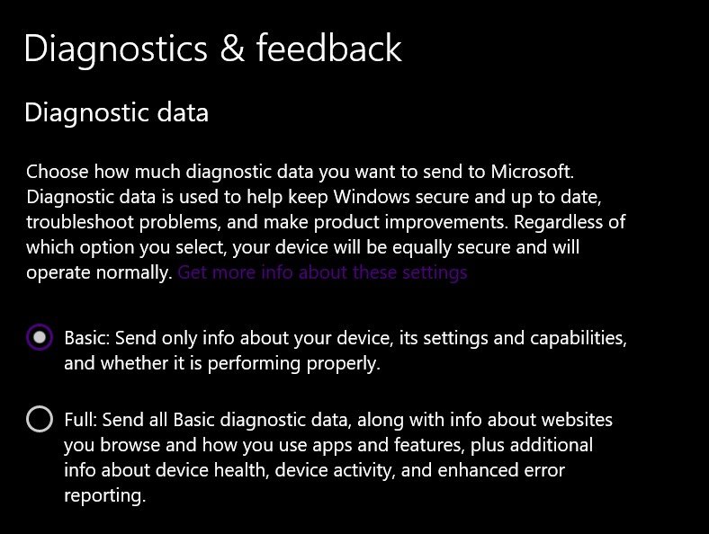 Atualmente, o compartilhamento de dados de diagnóstico possui apenas duas opções. (Fonte: Captura de tela/Reprodução)
