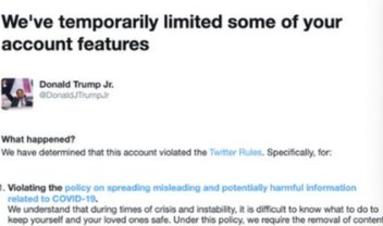 Twitter restringe conta de Trump Jr. por fake news sobre covid-19