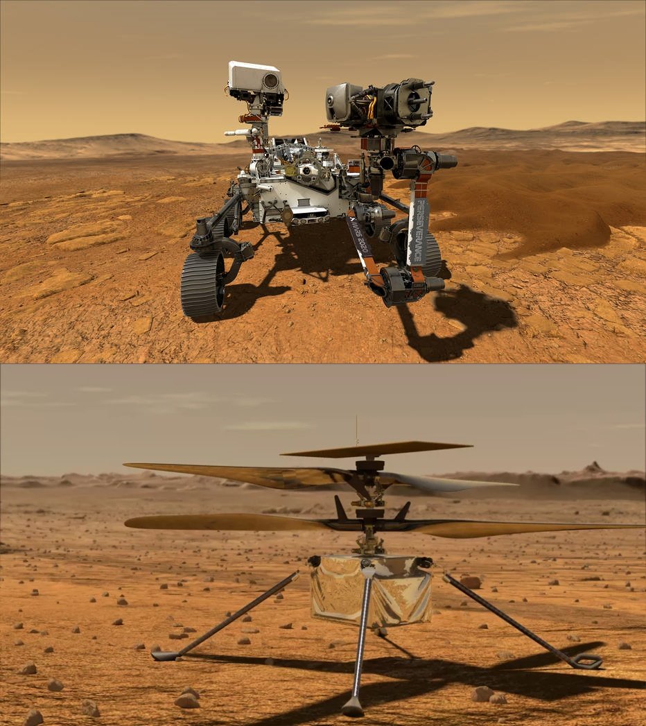 A primeira imagem mostra o rover Perseverance e, a segunda imagem, o helicóptero Ingenuity