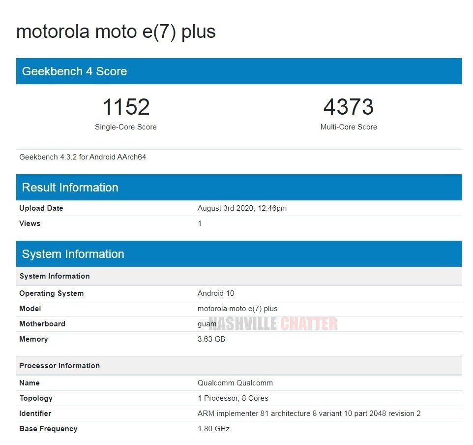 Resultado de teste do suposto Moto E7 Plus na ferramenta Geekbench.