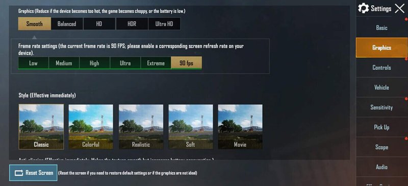 O modo de 90 Hz pode ser ativado nas configurações de PUBG Mobile