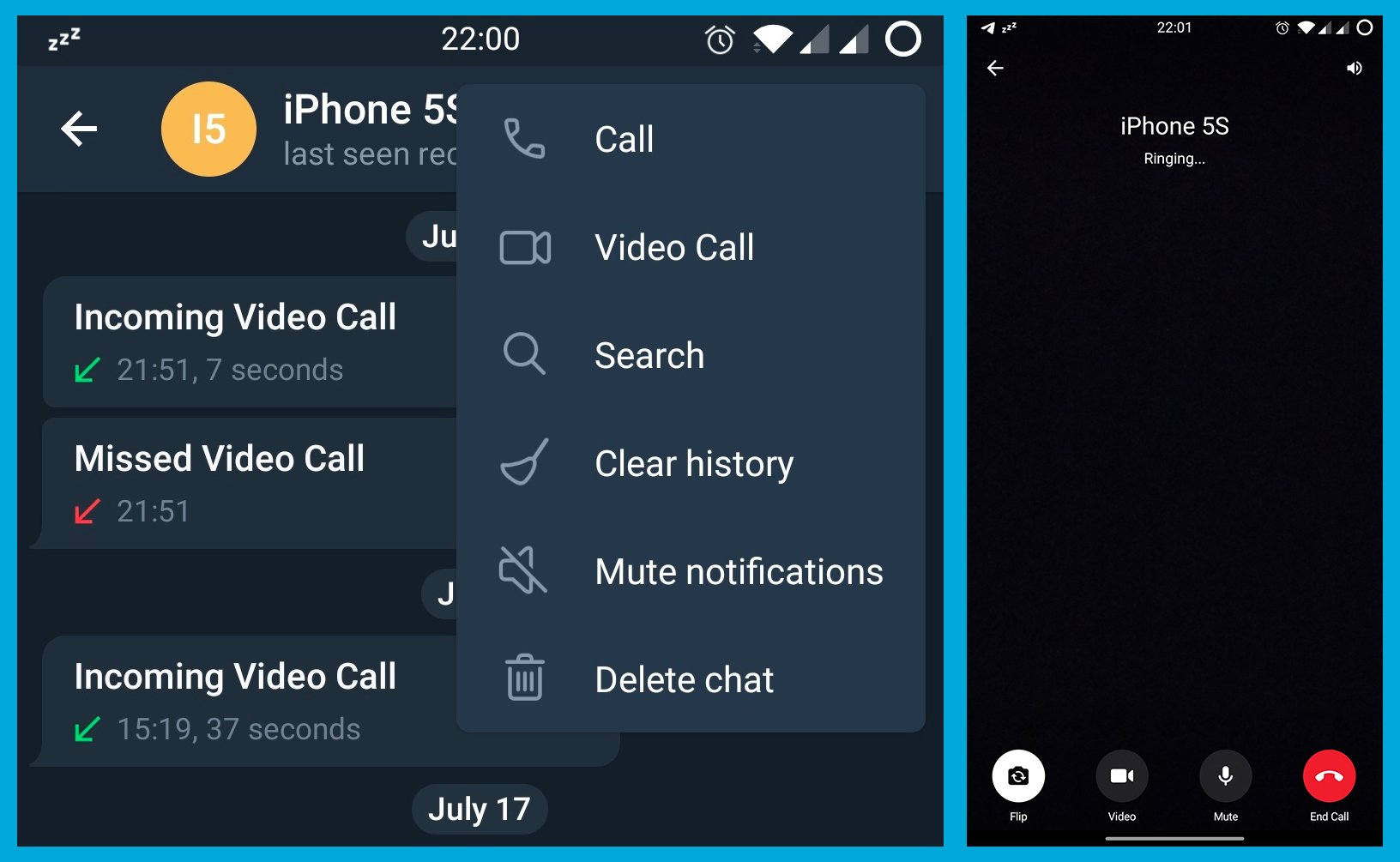 Screenshots da função de videochamadas no Telegram beta (7.0.0).