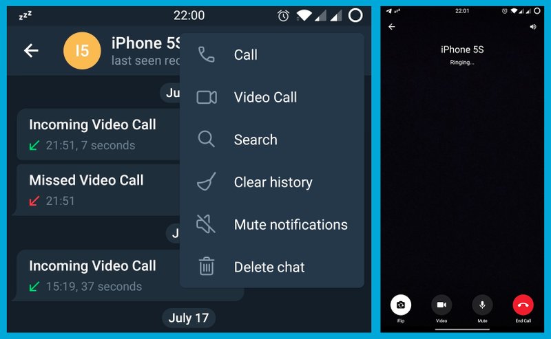 Screenshots da função de videochamadas no Telegram beta (7.0.0).