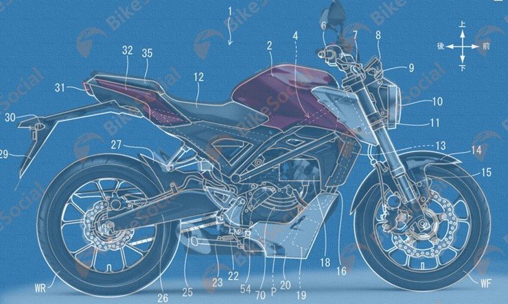 Sobrepondo a patente da nova moto elétrica sobre a imagem de uma CB125R, pode-se ver que as duas são idênticas.