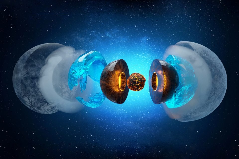 Urano e Netuno teriam (de fora para dentro) uma camada externa gasosa, uma camada líquida de água ionizada, uma camada sólida de água superiônica compreendendo a maior parte de seu interior, e um centro rochoso.