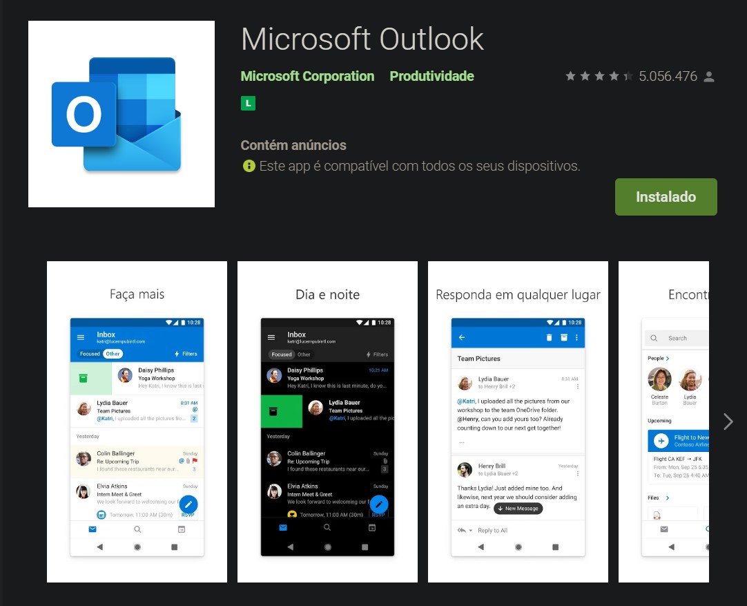 App do Outlook para Android, na Play Store brasileira.