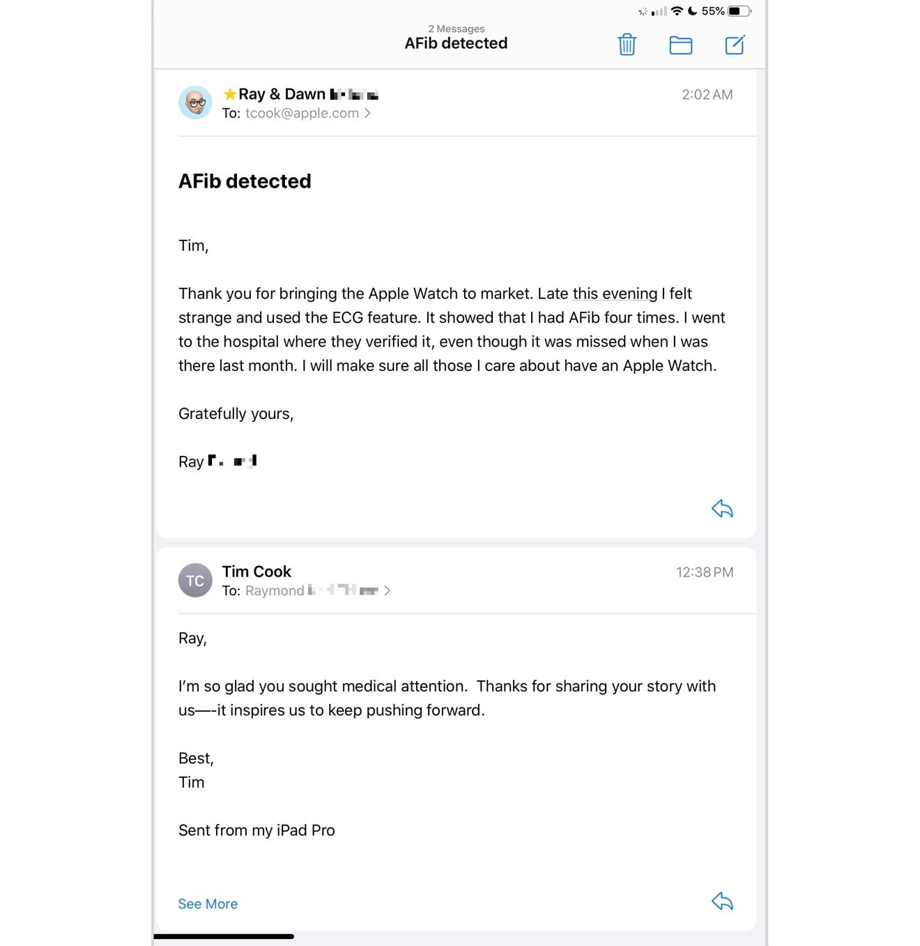 Troca de e-mails entre usuário do Apple Watch e Tim Cook, CEO da Apple.