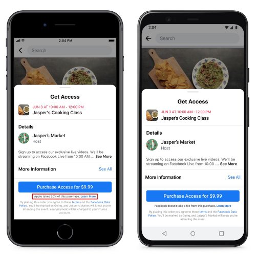 À esquerda, a mensagem que o Facebook mandará a todos os usuários Apple que usarem seu sistema de eventos online pagos.