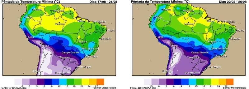 Previsão da temperatura mínima em parte da América do Sul entre o período de 17/08 e 26/08