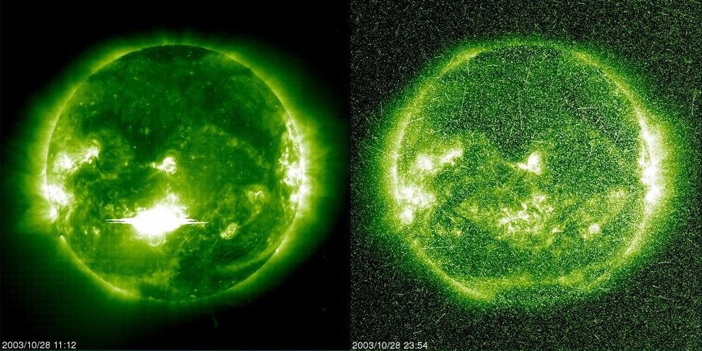 Em 2003, o Sol ejetou o flare X 17.2, o segundo maior já observado (à esquerda). A imagem à direita foi captada entre dois flares, quando o satélite SOHO da NASA e da ESA foi atingido pela tempestade solar que se seguiu.