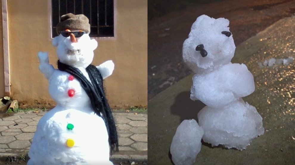 Na primeira imagem, um boneco de neve registrado no Paraná em 2013. Na segunda imagem, uma tentativa mais recente que viralizou na internet.