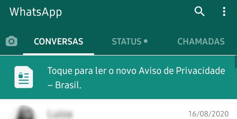 Novo aviso de privacidade do WhatsApp é exibido no próprio app.
