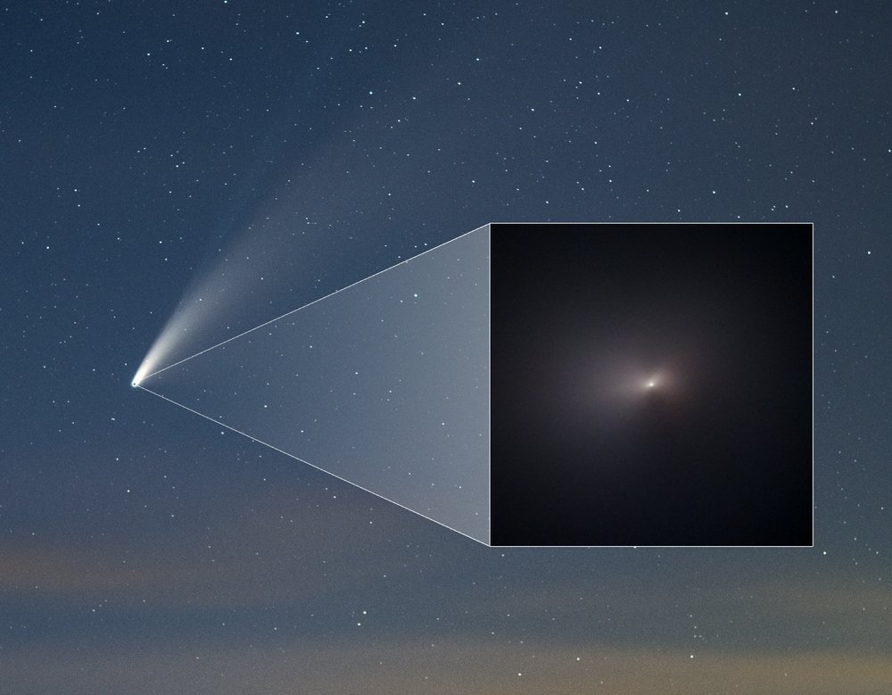 Dois momentos do NEOWISE: visto da Terra, em 16 de julho, e pelo Hubble, em 8 de agosto.