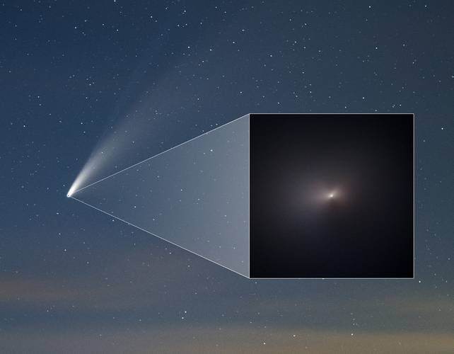 Dois momentos do NEOWISE: visto da Terra, em 16 de julho, e pelo Hubble, em 8 de agosto.