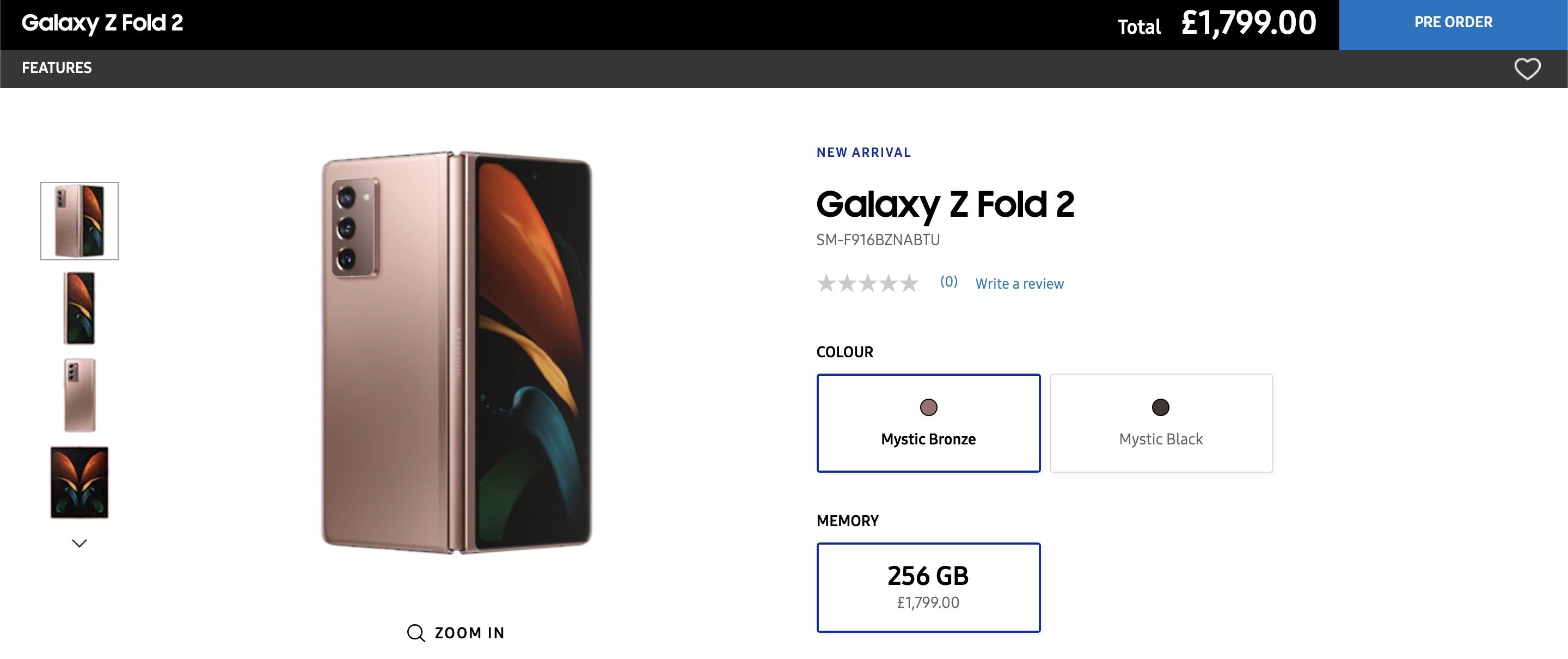 Preço do Galaxy Z Fold 2 no Reino Unido.