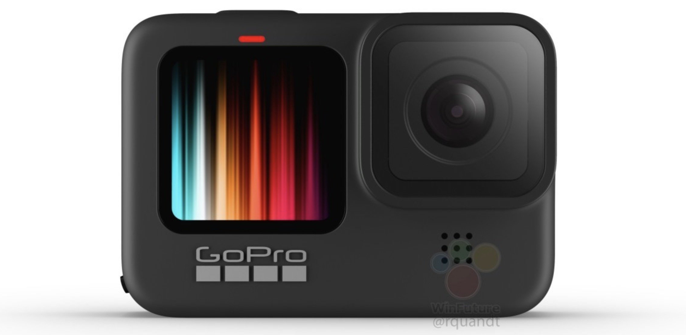 Imagem da suposta GoPro Hero 9 Black com tela frontal colorida.