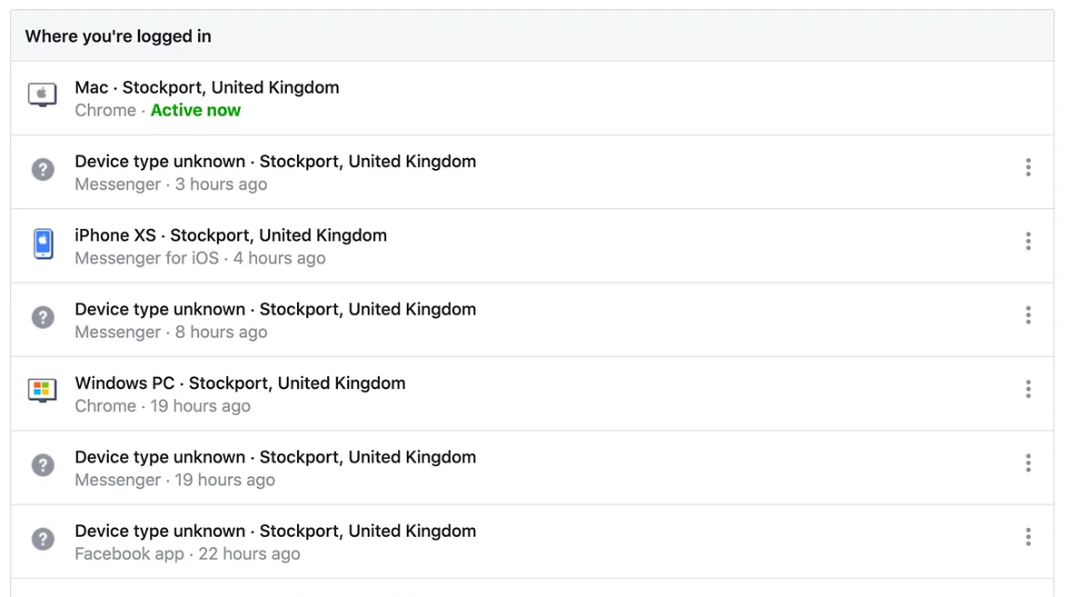 Lista de dispositivos logados em conta do Facebook