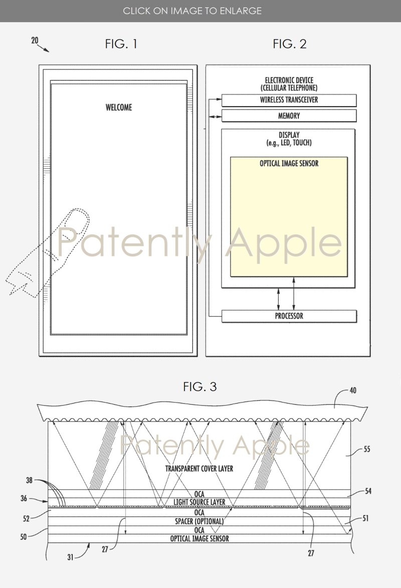 Patente da Apple para 'Touch ID' sob a tela de um dispositivo.
