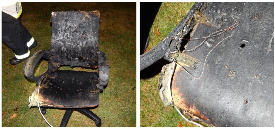 Cadeira do jovem Parra destruída pelas chamas e com resquícios do cabo USB AmazonBasics.