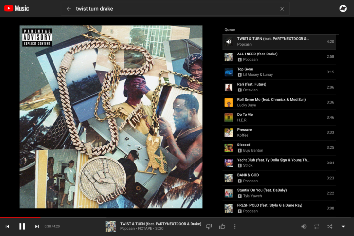 Antiga interface do Youtube Music, com apenas uma aba. (Fonte: Youtube via Android Police / Reprodução)