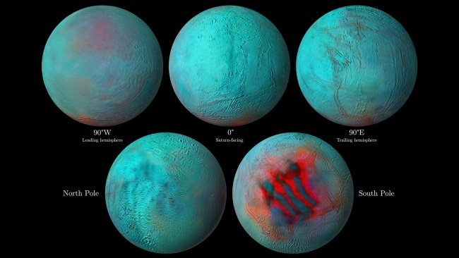 As imagens mostram que os polos norte e sul de Encélado possuem a mesma cobertura de gelo.