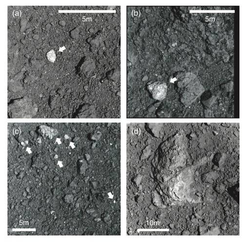 Rochas brilhantes se destacam na superfície do escuro asteroide Ryugu.